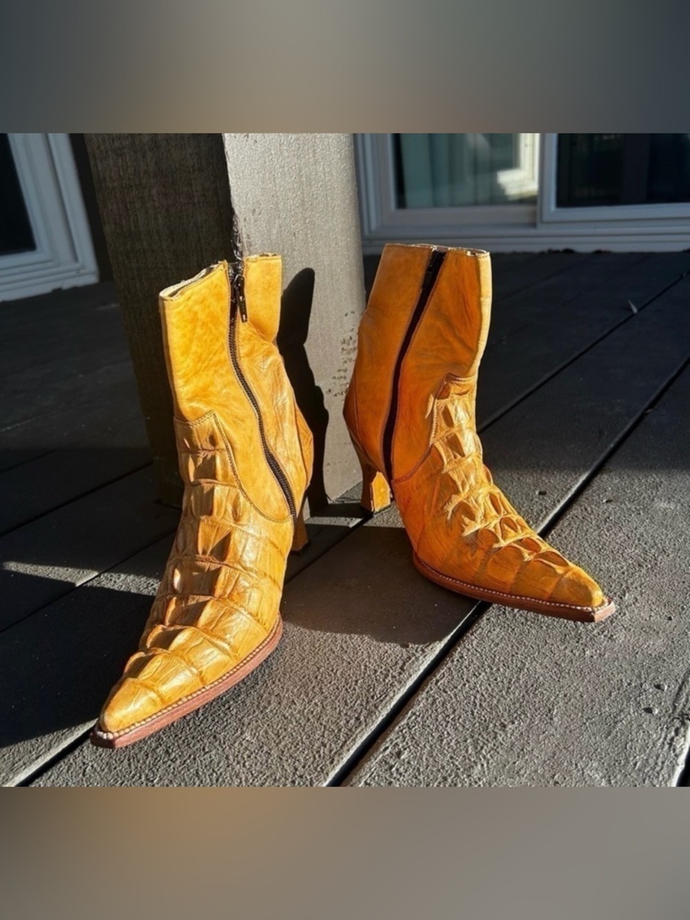 Croc Leather Pistolero Pointed-Toe Ankle Boots in Mustard Yellow made in Mexico